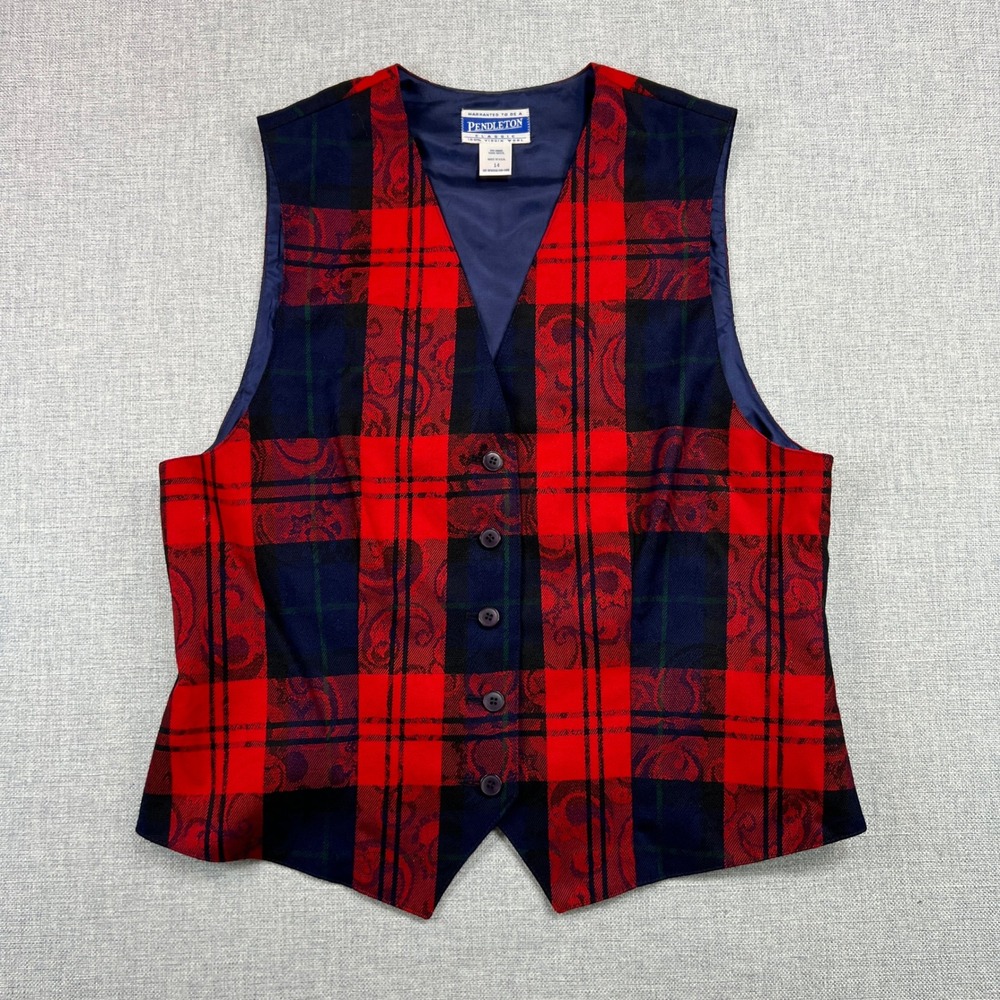 Vintage Pendleton Plaid Vest 100% Virgin Wool Classic Red Blue Women 14 USA Made